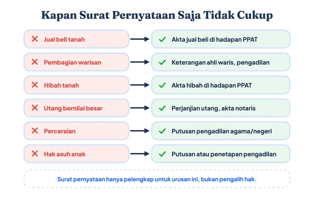 Kapan surat pernyataan saja tidak cukup: jual beli tanah, warisan, hibah, utang besar, dan perceraian memerlukan akta PPAT, akta notaris, atau putusan pengadilan