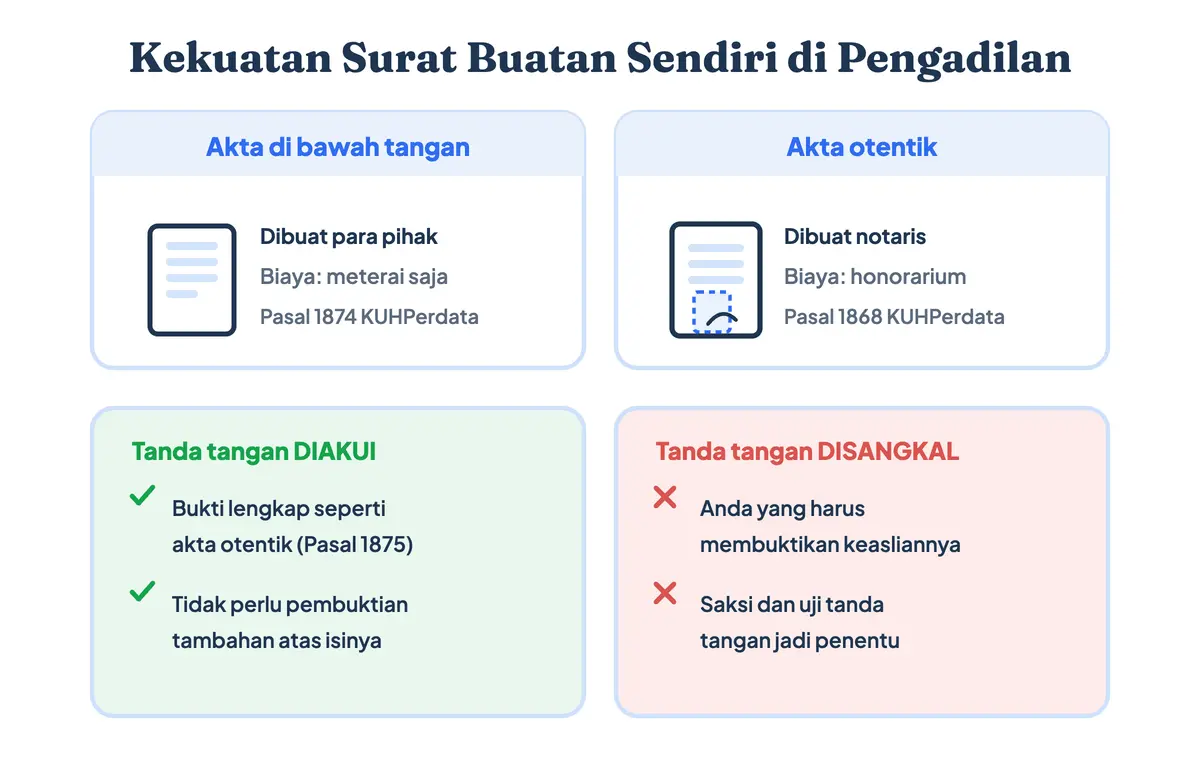 Kekuatan hukum surat perjanjian bawah tangan dibandingkan akta notaris, dari tanda tangan yang diakui sampai yang disangkal di pengadilan