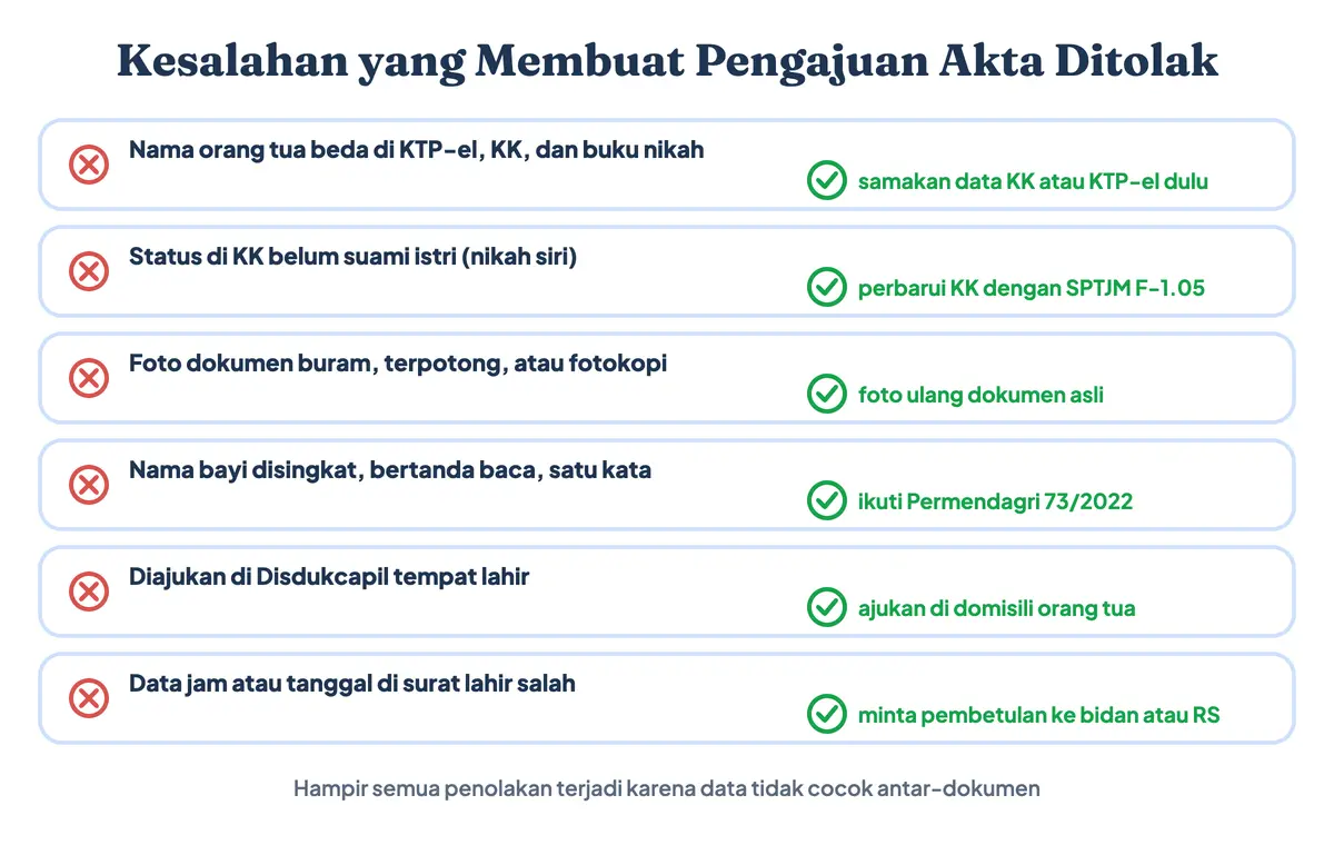 Kesalahan pengajuan akta kelahiran online yang membuat permohonan ditolak: nama orang tua tidak sama di KTP dan KK, foto dokumen buram, nama bayi melanggar aturan, salah Disdukcapil, dan data di surat kelahiran salah