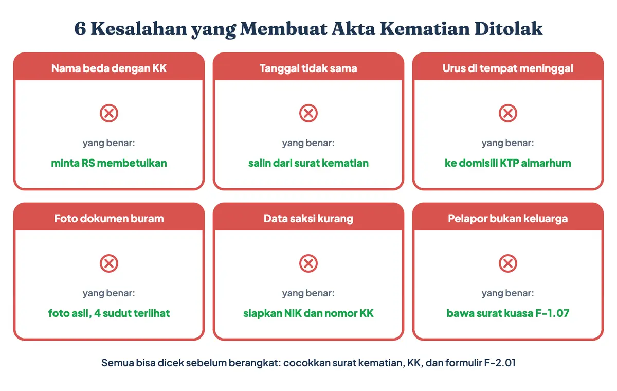 Kesalahan yang membuat pengajuan akta kematian ditolak: nama berbeda dengan KK, tanggal tidak sama, mengurus di daerah tempat meninggal, foto buram, data saksi tidak lengkap, dan pelapor tanpa surat kuasa