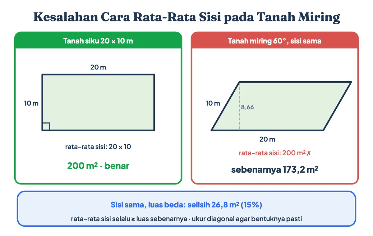 Kesalahan menghitung luas tanah tidak beraturan dengan rata-rata sisi pada tanah miring 20 kali 10 meter yang menghasilkan 200 m² padahal 173 m²