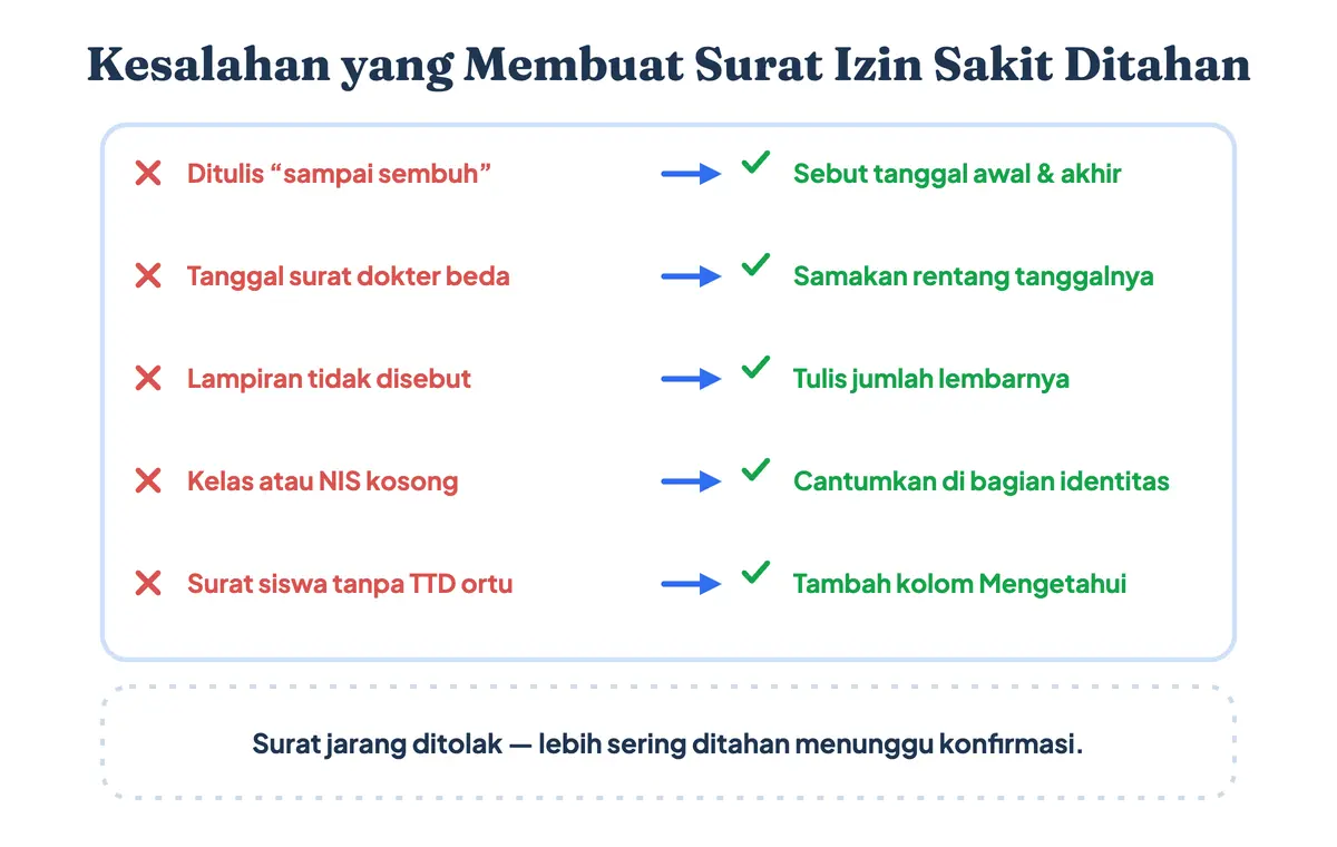 Kesalahan umum yang membuat surat izin sakit sekolah ditahan wali kelas beserta perbaikannya, mulai dari tanggal yang tidak jelas sampai lampiran yang tidak disebut