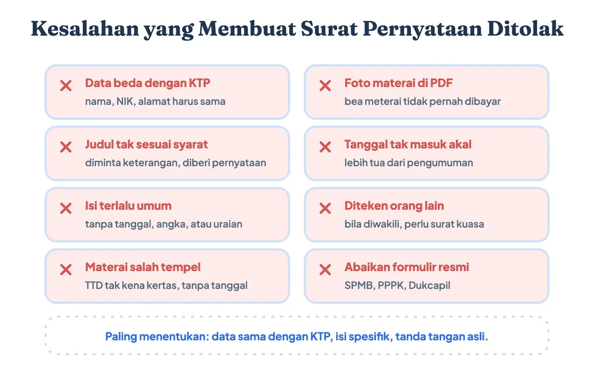 Delapan kesalahan yang membuat surat pernyataan ditolak dalam bentuk daftar periksa, dari data yang tidak sama dengan KTP sampai tidak memakai formulir resmi