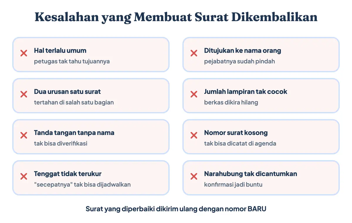 Kesalahan surat resmi yang membuat surat dikembalikan petugas: Hal terlalu umum, tujuan salah alamat, nomor surat kosong, sampai tenggat tidak terukur