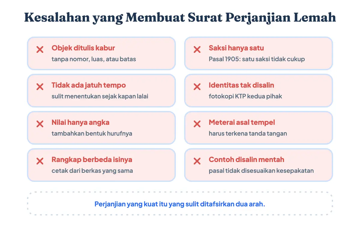 Kesalahan yang membuat surat perjanjian lemah di pengadilan, mulai dari objek yang kabur, tidak ada tanggal jatuh tempo, sampai rangkap yang isinya berbeda
