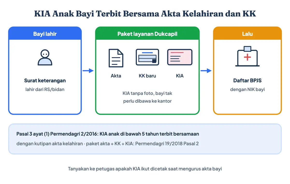 KIA anak bayi, yang sering disebut KTP anak bayi, terbit bersama akta kelahiran dan KK baru dalam satu paket layanan Dukcapil, tanpa foto bayi, lalu NIK bayi dipakai untuk mendaftar BPJS Kesehatan