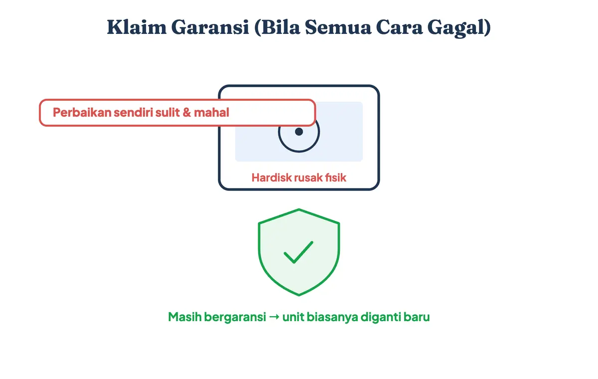 Ilustrasi klaim garansi hardisk eksternal yang rusak fisik; unit biasanya diganti baru bila masih bergaransi