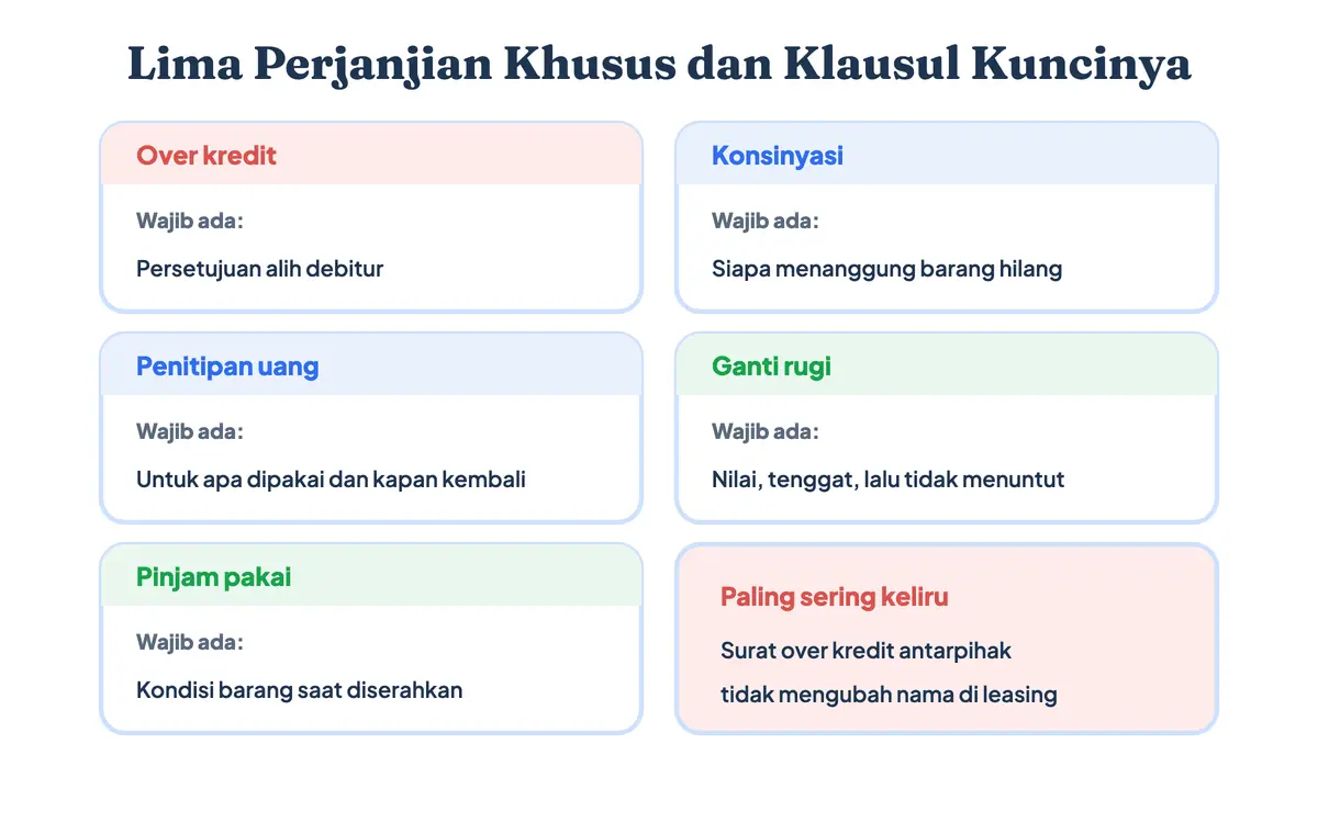 Lima surat perjanjian khusus dan klausul kuncinya: over kredit, konsinyasi, penitipan uang, ganti rugi, dan pinjam pakai