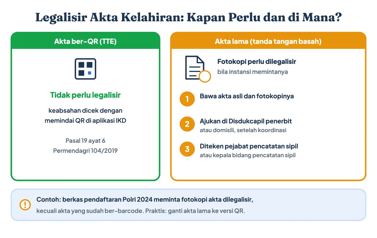 Legalisir akta kelahiran di mana dan kapan perlu: akta kelahiran ber-QR tidak perlu legalisir karena keabsahannya dicek lewat IKD, sedangkan fotokopi akta lama dilegalisir di Disdukcapil penerbit atau domisili dan ditandatangani pejabat pencatatan sipil