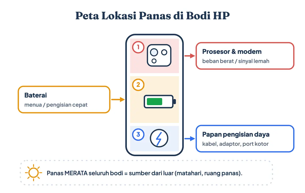 Peta lokasi panas di bodi HP: bagian atas untuk prosesor dan modem, punggung tengah baterai, bagian bawah papan pengisian daya