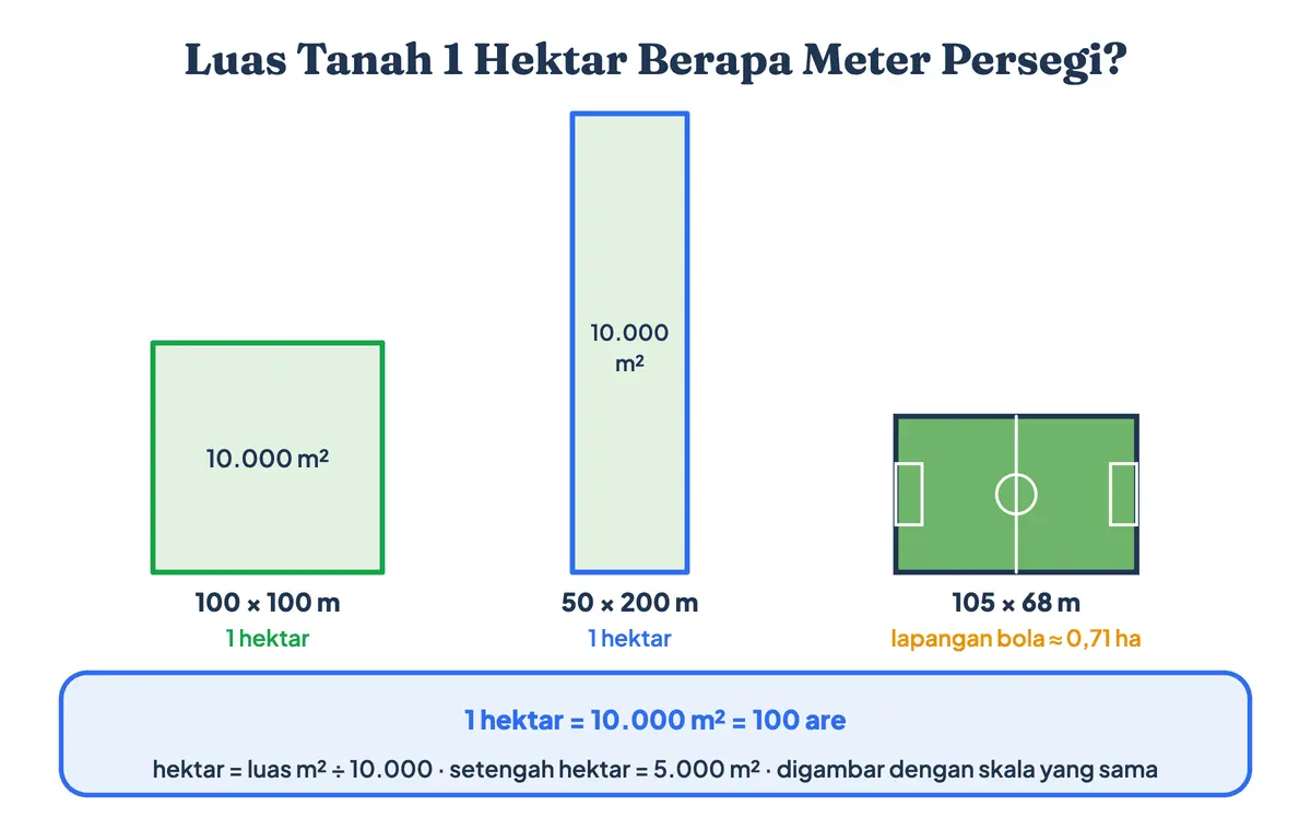 Luas tanah 1 hektar berapa meter persegi dan cara menghitung hektar tanah, dengan contoh luas tanah 1 hektar 100 × 100 meter atau 50 × 200 meter, dibanding lapangan sepak bola yang hanya 0,71 hektar