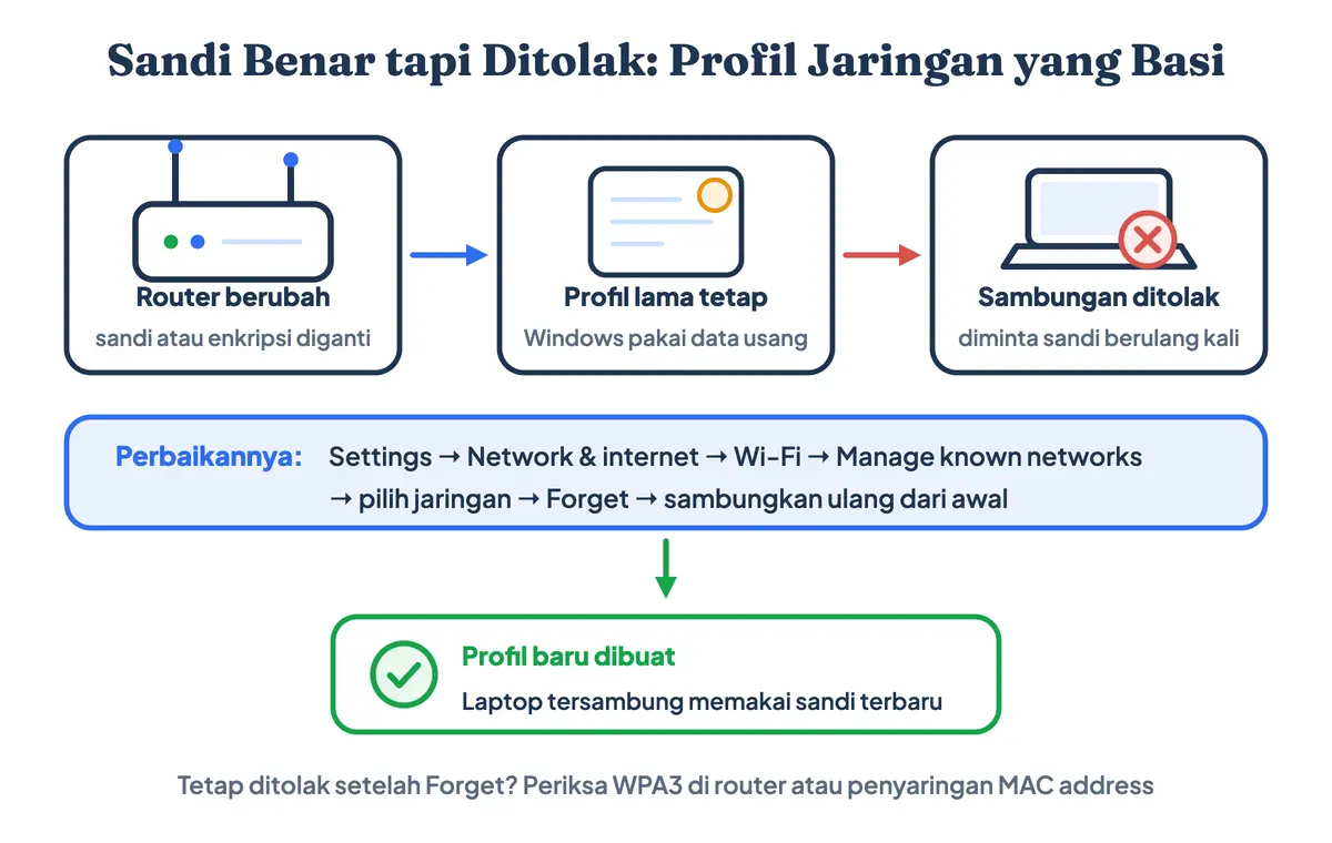 Alur melupakan jaringan WiFi di laptop saat sandi benar tetapi koneksi ditolak