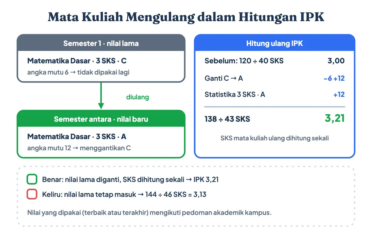Mata kuliah mengulang dalam perhitungan IPK: nilai C lama diganti nilai A baru dan SKS dihitung satu kali sehingga IPK menjadi 3,21