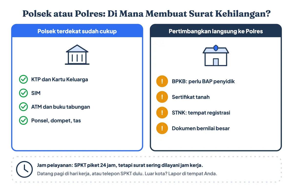 Mengurus surat kehilangan di Polsek atau Polres: Polsek cukup untuk KTP, KK, SIM, dan ATM, sedangkan BPKB, sertifikat tanah, dan STNK lebih tepat di Polres; jam pelayanan surat kehilangan di Polsek umumnya jam kerja