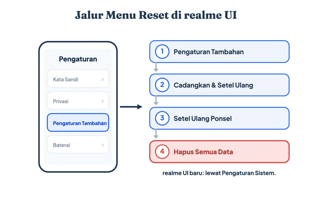 Jalur menu reset di realme UI dari Pengaturan, Pengaturan Tambahan, Cadangkan dan Setel Ulang, hingga Hapus Semua Data