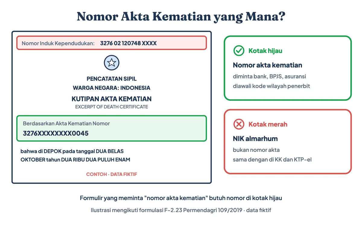 Nomor akta kematian yang mana: nomor akta kematian ada di baris Berdasarkan Akta Kematian Nomor di bawah judul kutipan, sedangkan nomor di kiri atas adalah NIK almarhum, ditandai dengan contoh data fiktif