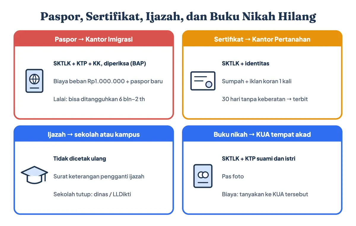 Paspor, sertifikat tanah, ijazah, dan buku nikah hilang: surat kehilangan ijazah dan dokumen lain dari kepolisian dibawa ke Kantor Imigrasi, Kantor Pertanahan dengan sumpah dan iklan koran, sekolah atau kampus, dan KUA tempat akad