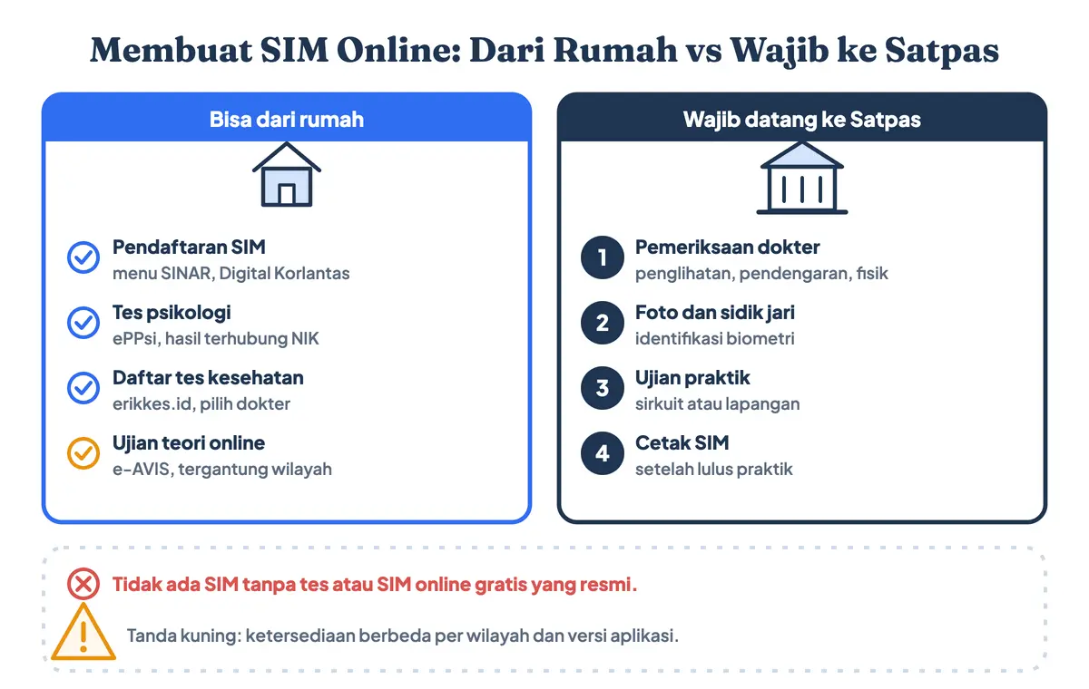 Cara membuat SIM online lewat Digital Korlantas, satu-satunya aplikasi SIM online resmi: daftar SIM online di menu SINAR, tes psikologi ePPsi, dan pendaftaran e-Rikkes bisa dari rumah. Pemeriksaan dokter, sidik jari, ujian praktik, dan cetak SIM tetap di Satpas, jadi buat SIM online tanpa tes maupun buat SIM online gratis tidak ada
