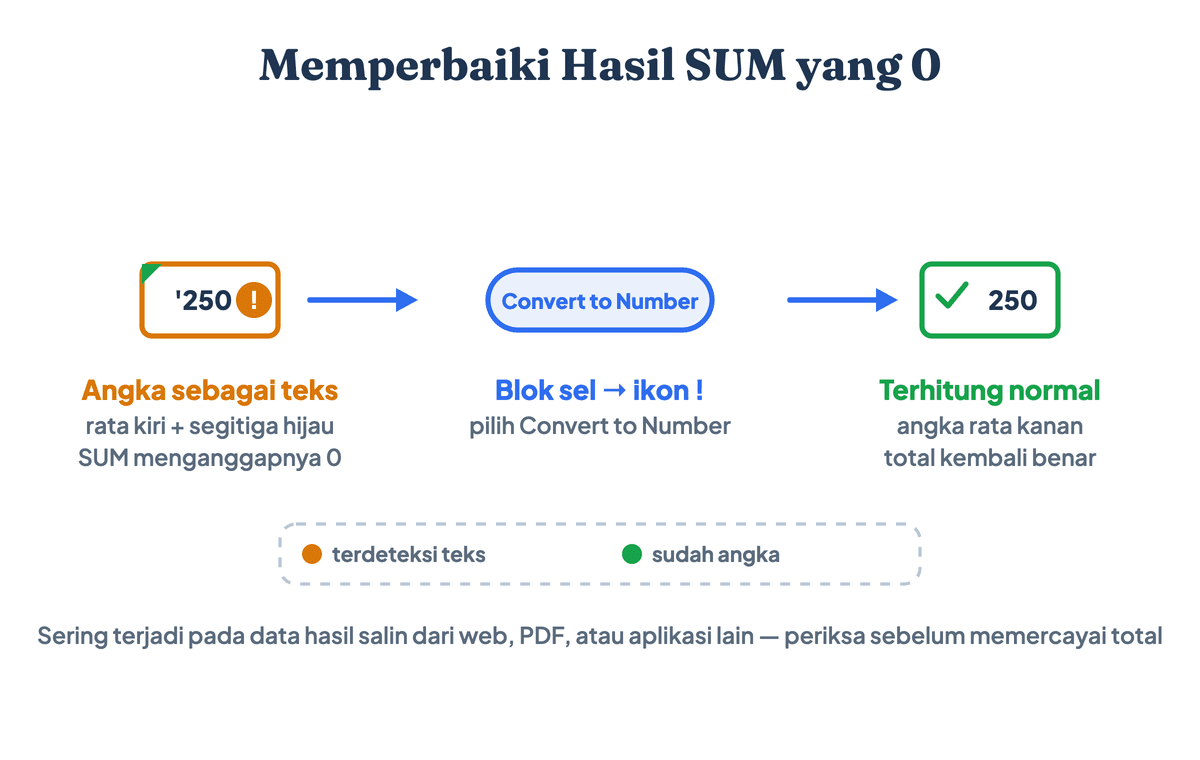 Alur memperbaiki hasil rumus SUM yang 0 di Excel: angka rata kiri bertanda segitiga hijau berarti tersimpan sebagai teks, ubah lewat Convert to Number sampai penjumlahan menghasilkan total yang benar