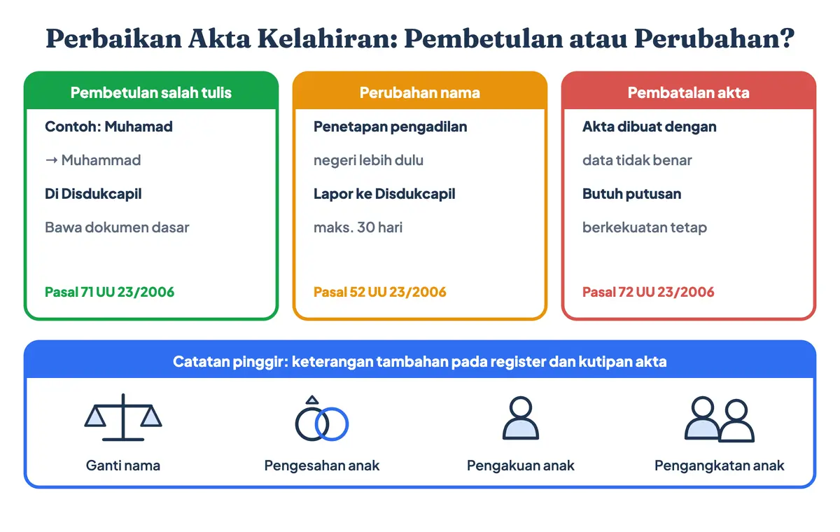 Apakah akta kelahiran bisa diubah: perbaikan akta kelahiran berupa pembetulan salah tulis cukup di Disdukcapil, sedangkan perubahan nama dan pengangkatan anak lewat penetapan pengadilan negeri lalu dicatat sebagai catatan pinggir akta kelahiran