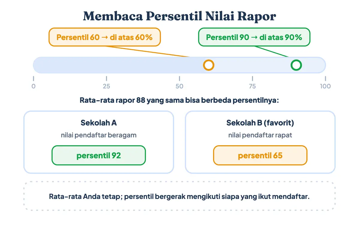 Cara membaca persentil nilai rapor: rata-rata 88 bisa jadi persentil 92 di satu sekolah dan 65 di sekolah favorit