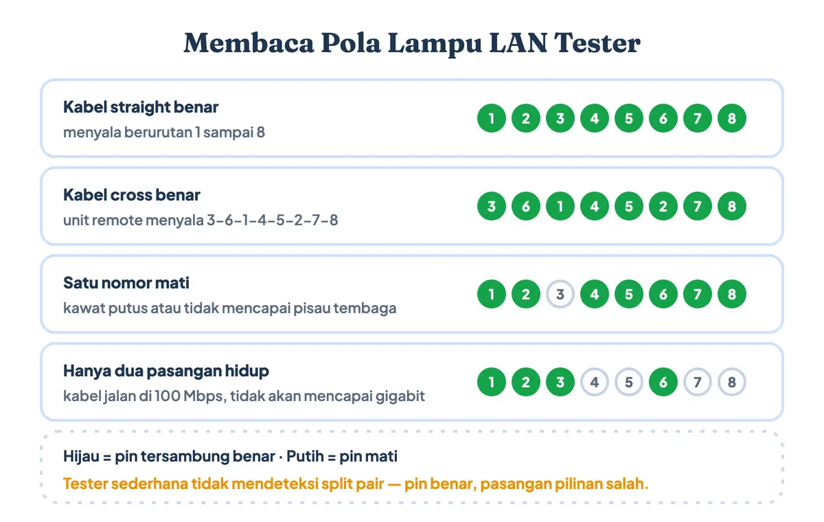 Diagram empat pola lampu LAN tester: kabel straight menyala berurutan 1 sampai 8, kabel cross menyala 3-6-1-4-5-2-7-8, satu nomor mati menandakan kawat putus, dan pola hanya dua pasangan hidup yang mengunci kecepatan di 100 Mbps
