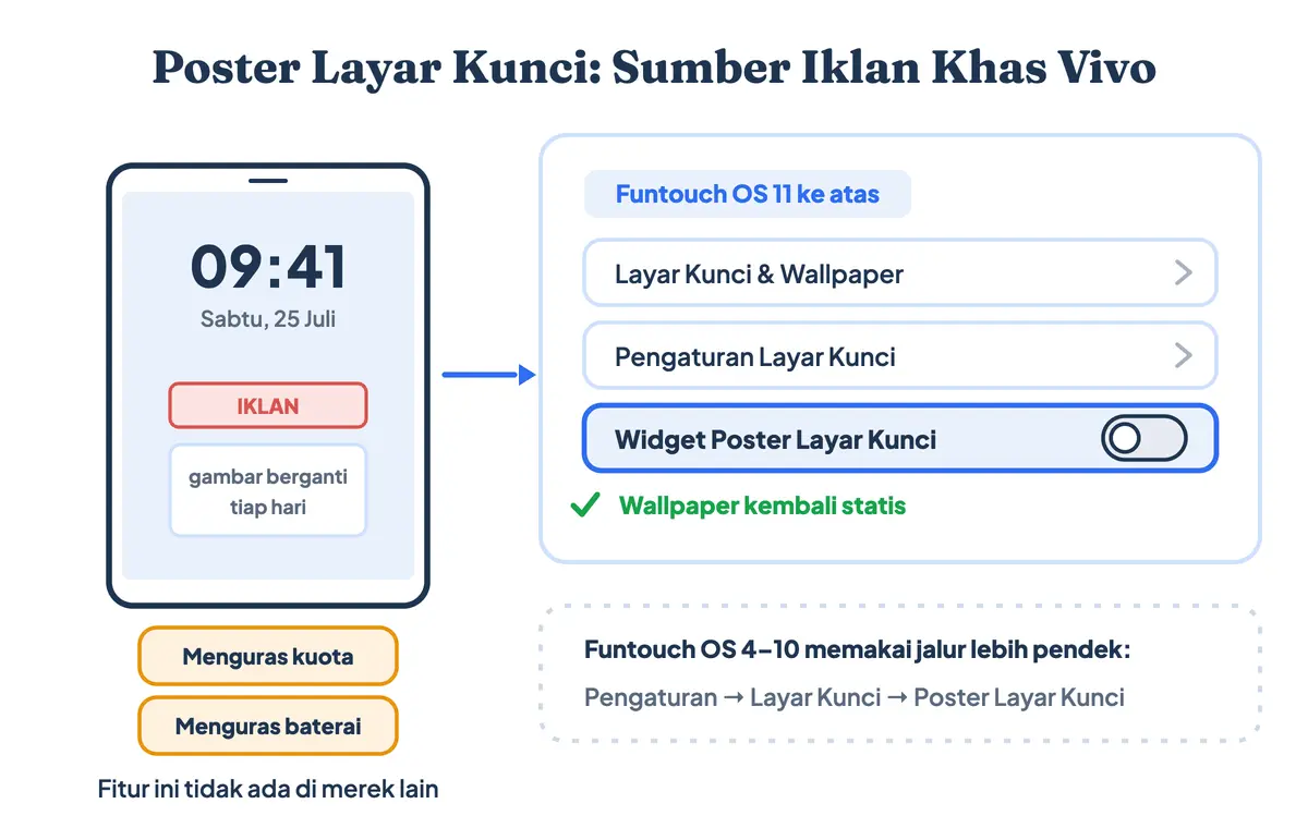 Jalur menu mematikan Poster Layar Kunci Vivo, sumber iklan di layar kunci yang diam-diam menguras kuota dan baterai