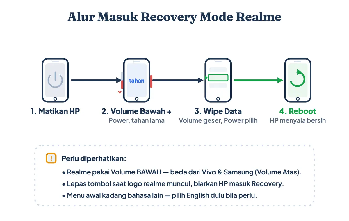 Alur masuk Recovery Mode Realme: matikan HP, tahan Power dan Volume Bawah, pilih Wipe Data, lalu reboot system