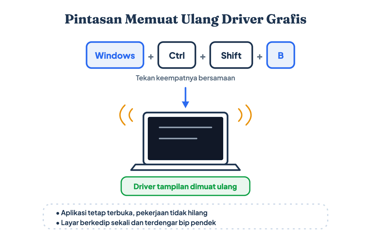 Ilustrasi kombinasi tombol Windows Ctrl Shift B untuk mereset driver grafis saat layar laptop hitam