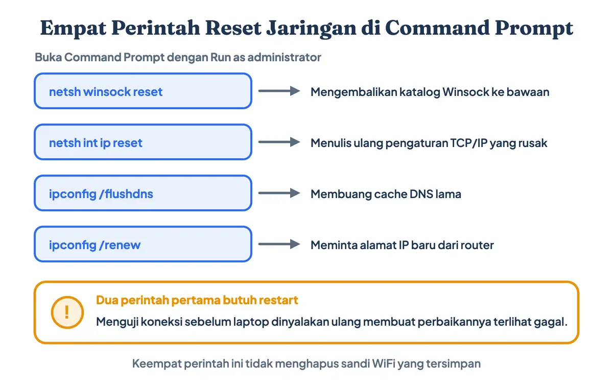 Empat perintah Command Prompt untuk mereset tumpukan jaringan WiFi di laptop