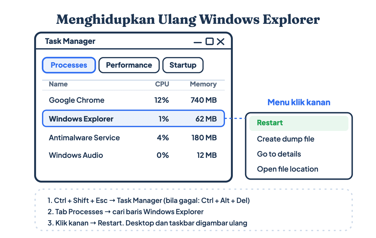 Anatomi Task Manager Windows saat menghidupkan ulang Windows Explorer ketika layar laptop hitam ada kursor