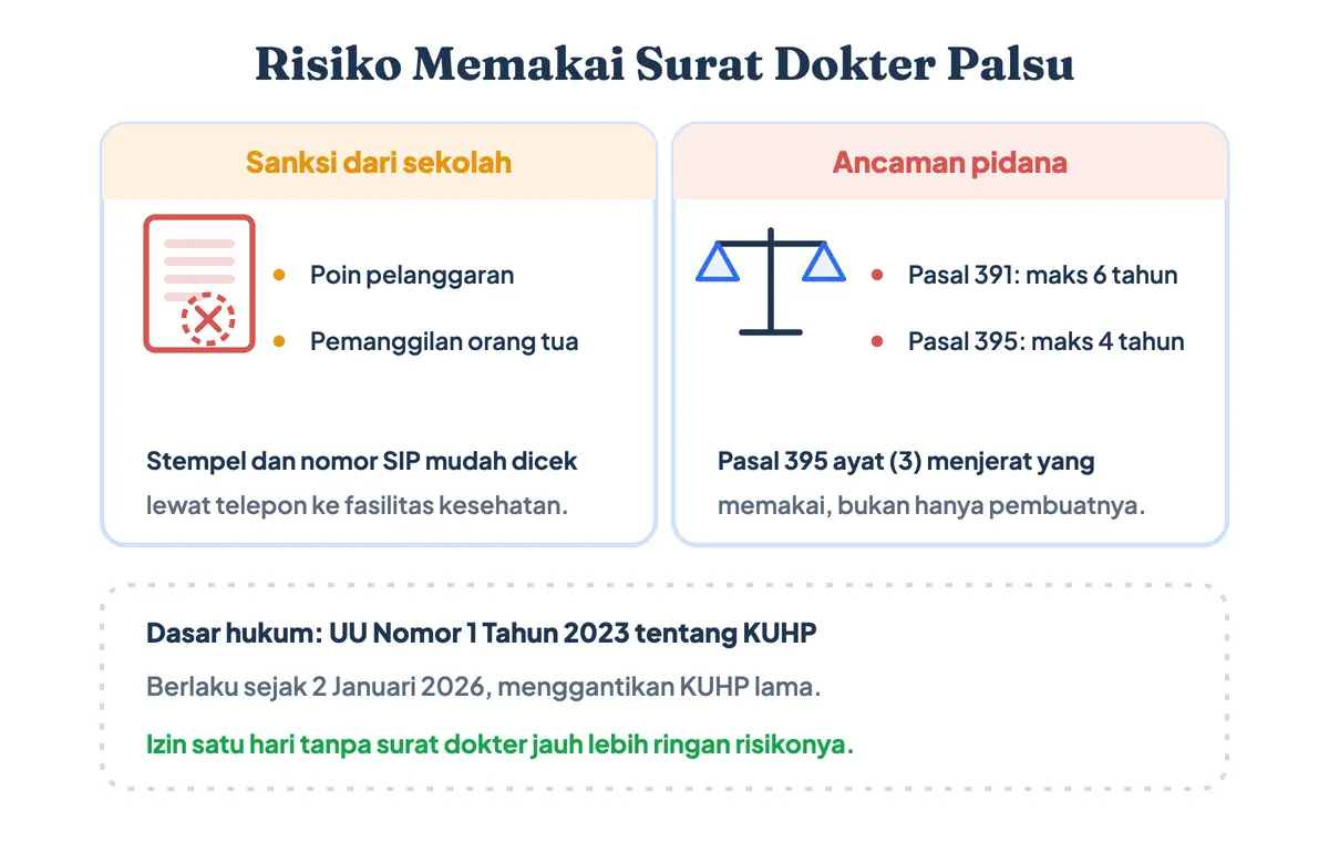 Risiko memakai surat dokter palsu untuk surat izin sakit sekolah: sanksi tata tertib dari sekolah dan ancaman pidana Pasal 391 serta Pasal 395 KUHP