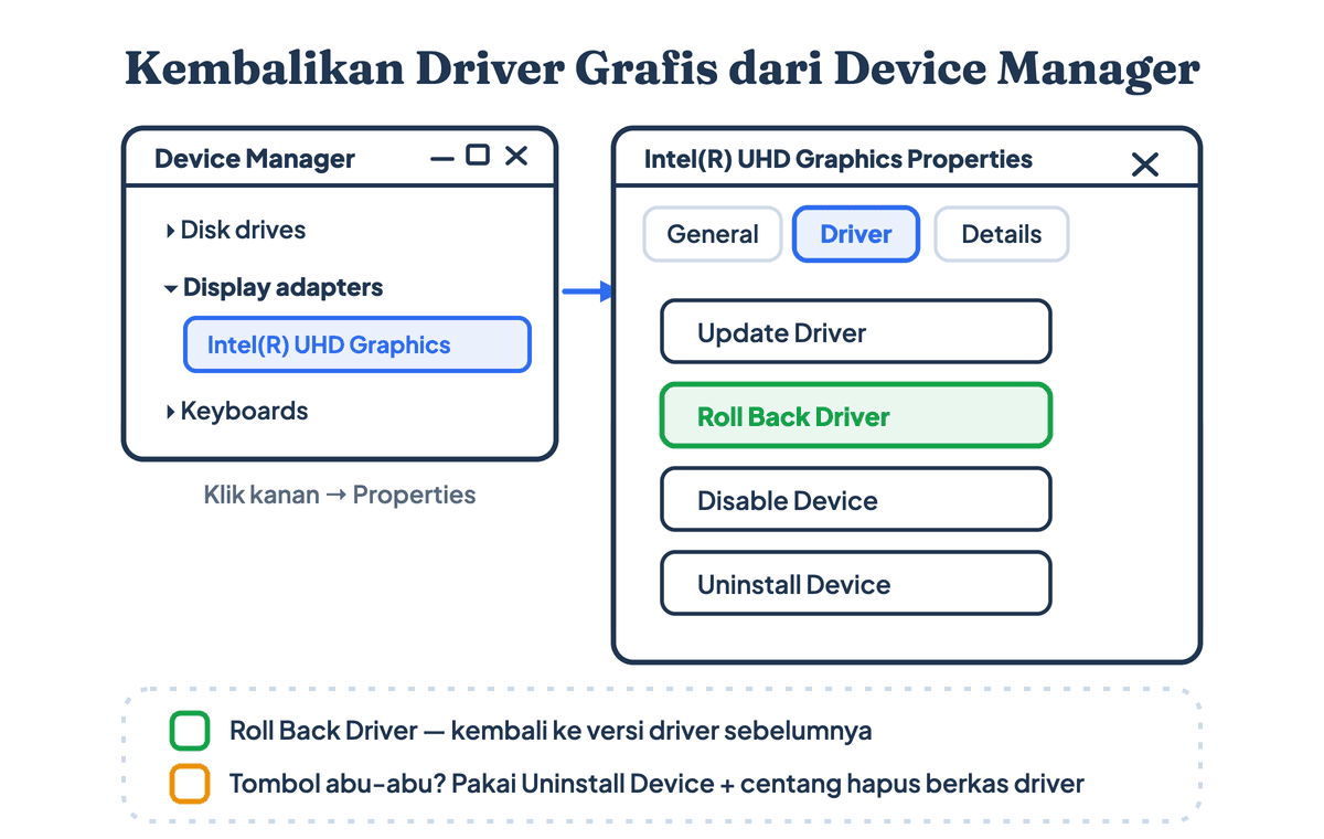 Cara mengembalikan driver grafis lewat Device Manager: buka Display adapters, klik kanan kartu grafis, lalu tekan Roll Back Driver
