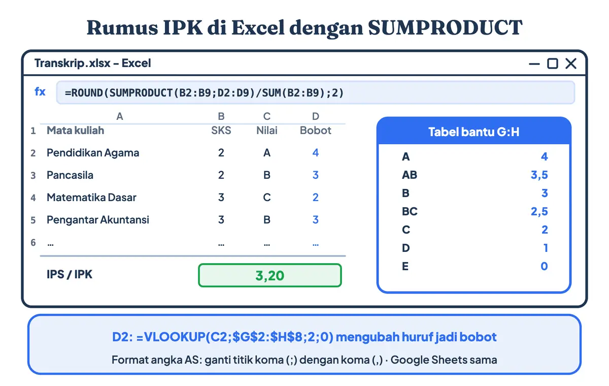 Rumus IPK di Excel dengan SUMPRODUCT kolom SKS dan bobot dibagi SUM kolom SKS, serta VLOOKUP untuk mengubah nilai huruf menjadi bobot