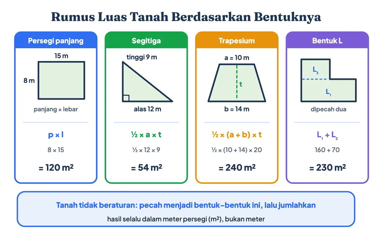 Rumus luas tanah untuk tiap bentuk: cara menghitung luas tanah persegi panjang, segitiga, trapesium, dan bentuk L dengan rumus m2 dan contoh hitungannya