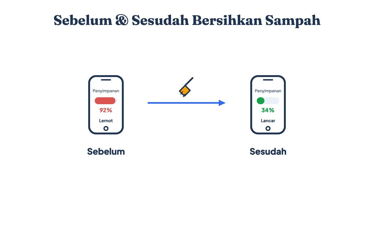 Perbandingan penyimpanan HP sebelum dan sesudah dibersihkan: sebelumnya memori penuh dan HP lemot, setelah sampah dibersihkan memori lega dan HP kembali lancar