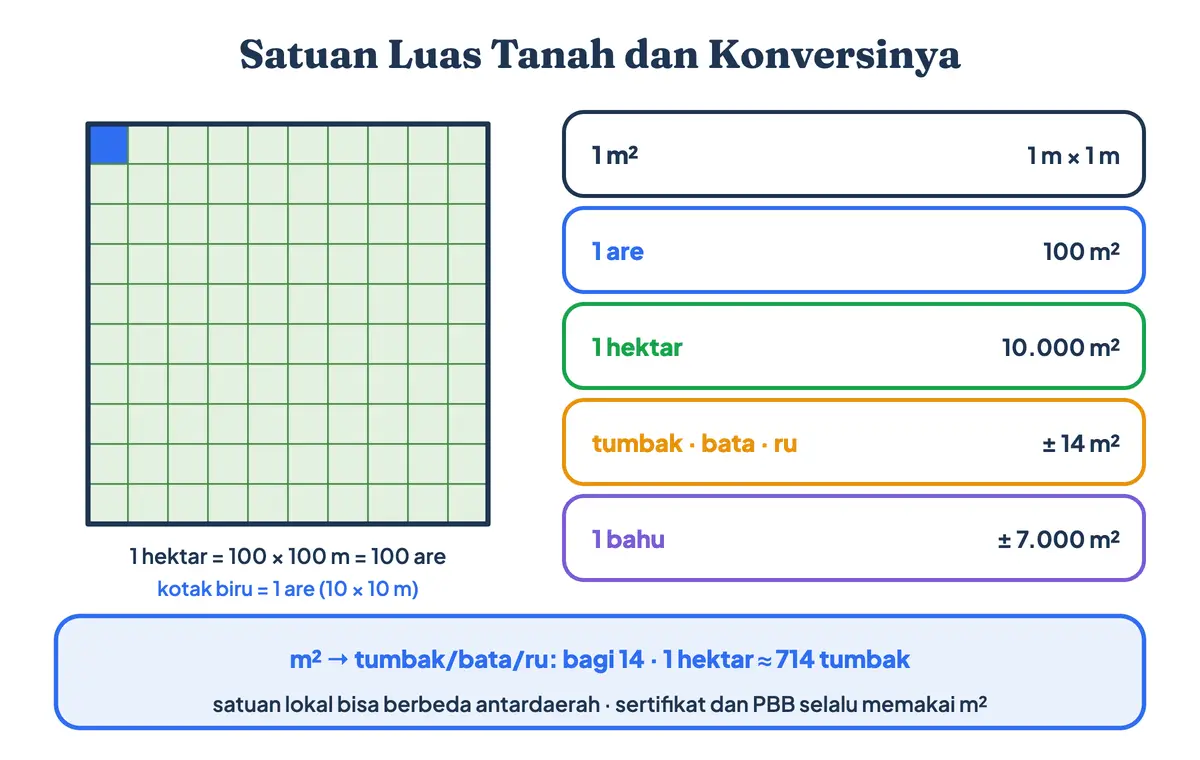 Satuan luas tanah untuk menjawab luas tanah 1 hektar berapa meter, 1 tumbak dan 1 bata berapa meter, serta konversi are, ru, dan bahu ke meter persegi