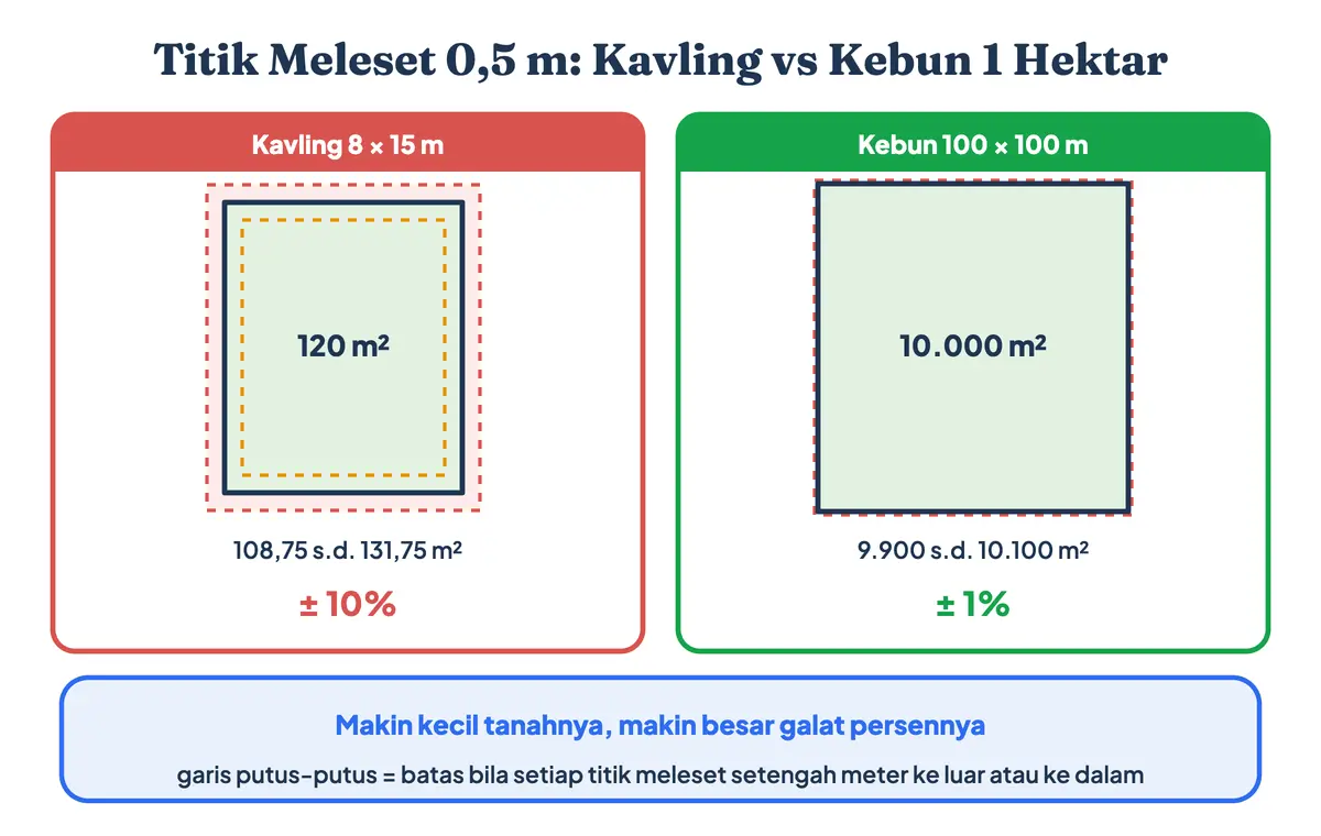 Selisih luas tanah hasil Google Maps bila titik meleset setengah meter pada kavling 8 kali 15 meter dibanding kebun 1 hektar