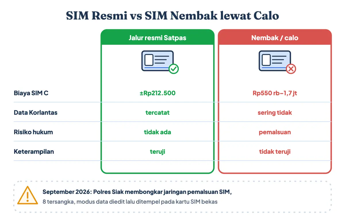 Perbedaan SIM nembak dan resmi: harga SIM C lewat jalur resmi sekitar Rp212.500 dan tercatat di sistem Korlantas, sedangkan harga buat SIM C nembak lewat calo Rp550.000 sampai Rp1,7 juta, sering palsu dan tidak terdata, serta berisiko pidana pemalsuan