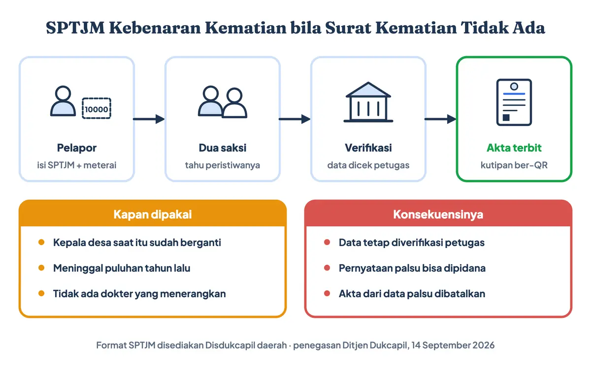 SPTJM kebenaran kematian atau surat pernyataan kematian dari keluarga untuk akta kematian tanpa surat kematian: pelapor membuat surat pernyataan bermeterai dengan dua saksi, petugas Disdukcapil memverifikasi, lalu akta kematian terbit