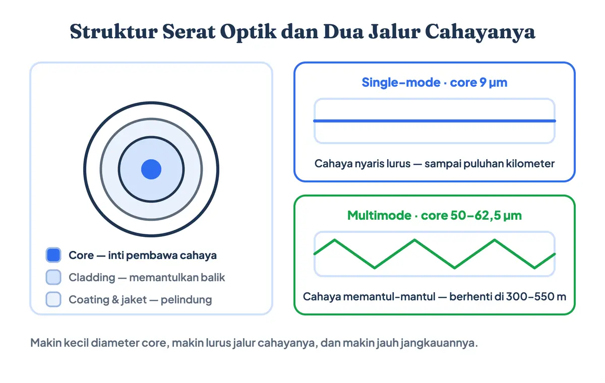Struktur kabel serat optik berlapis core, cladding, coating, dan jaket, disertai perbandingan jalur cahaya single-mode core 9 µm yang nyaris lurus dengan multimode core 50–62,5 µm yang memantul-mantul