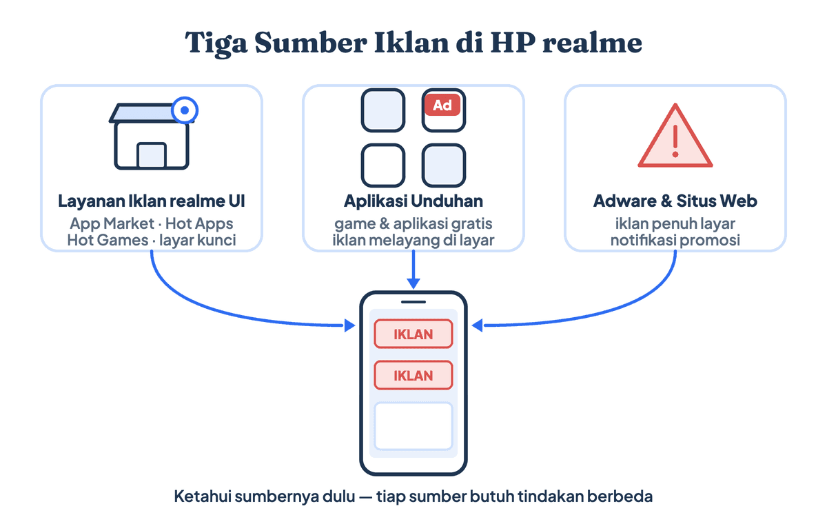 Tiga sumber iklan di HP Realme: layanan iklan bawaan realme UI, aplikasi unduhan, dan adware atau notifikasi situs web