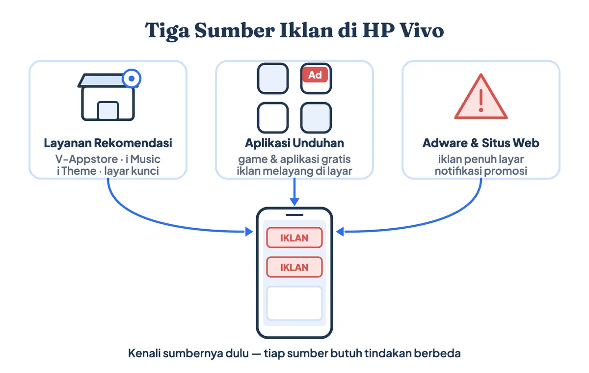Tiga sumber iklan di HP Vivo: layanan rekomendasi Funtouch OS, aplikasi unduhan, dan adware atau notifikasi situs web