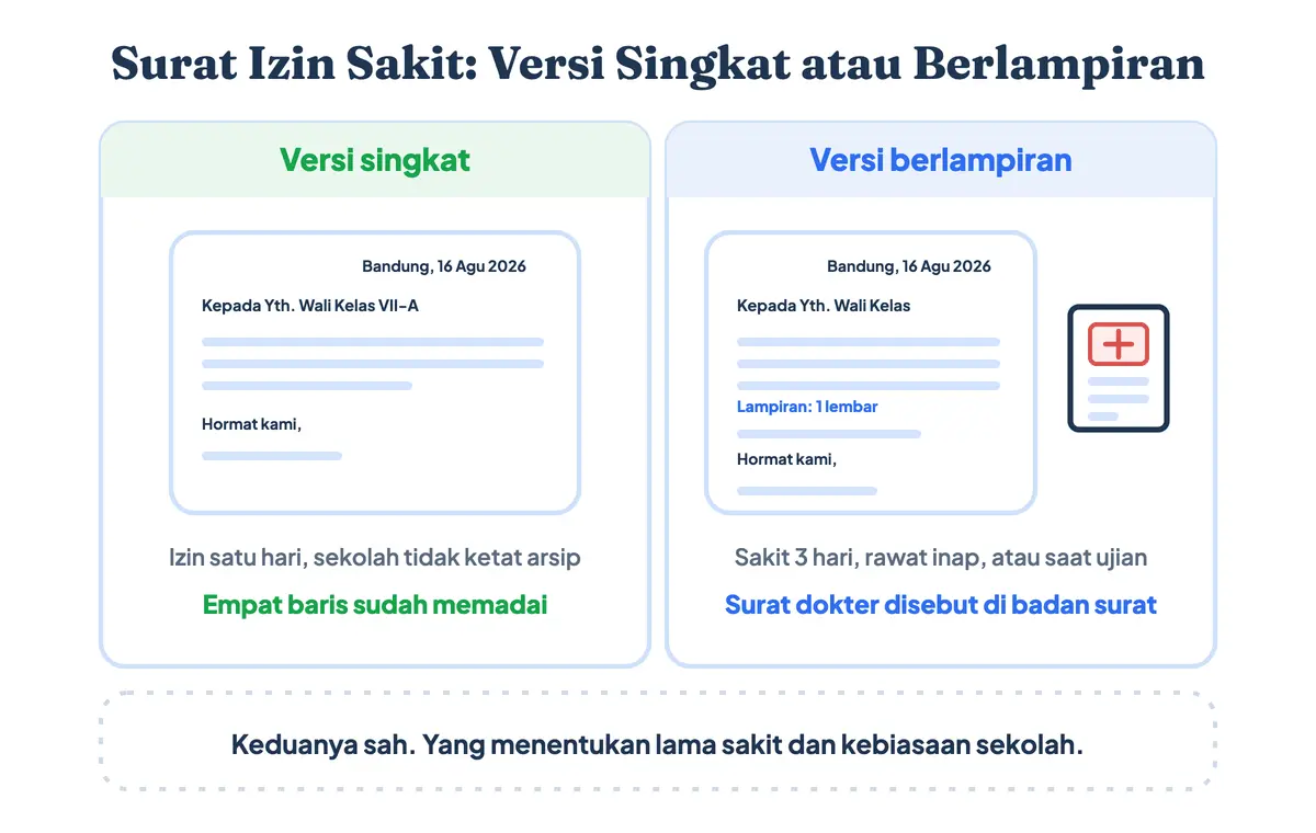 Perbandingan surat izin sakit sekolah versi singkat empat baris dengan versi lengkap berlampiran surat keterangan dokter