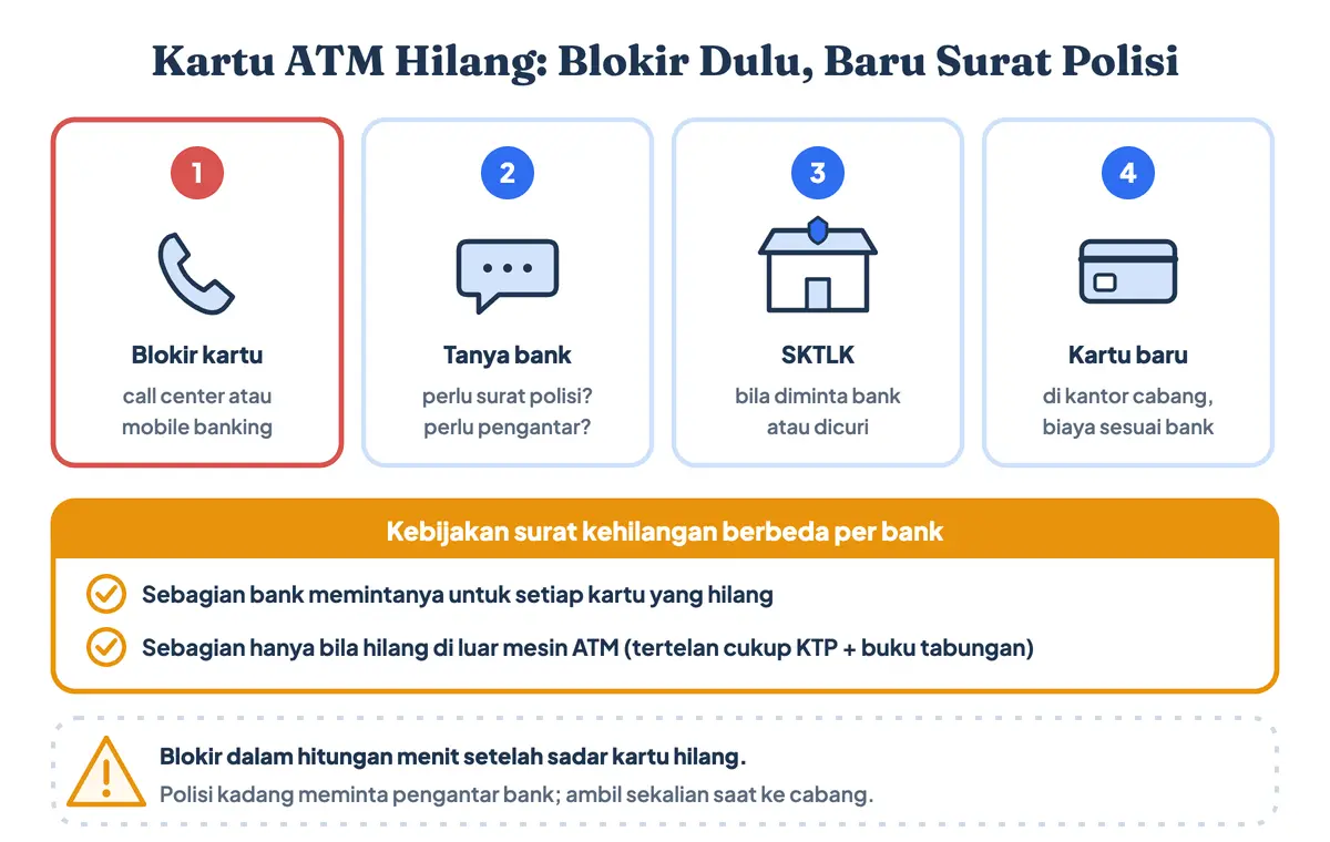 Surat kehilangan ATM dan surat kehilangan buku tabungan: blokir kartu dulu lewat call center, lalu tanyakan bank apakah ATM hilang bisa diurus tanpa surat kehilangan sebelum mengganti kartu di cabang
