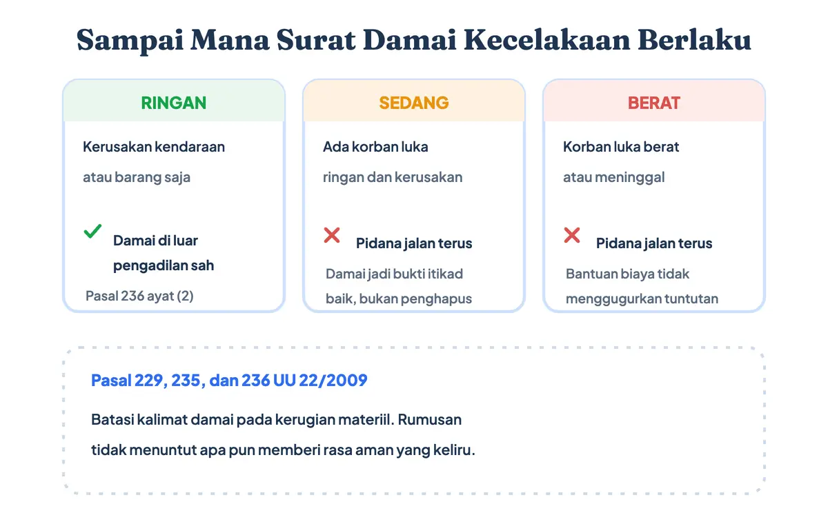 Batas surat perjanjian damai atau perdamaian kecelakaan lalu lintas pada kecelakaan ringan, sedang, dan berat menurut Undang-Undang Nomor 22 Tahun 2009