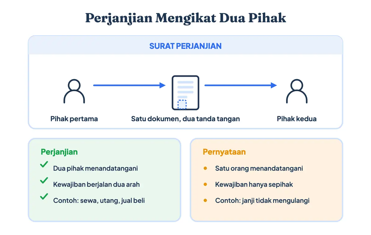 Surat perjanjian mengikat dua pihak dengan kewajiban timbal balik, berbeda dengan surat pernyataan yang hanya ditandatangani dan ditanggung satu orang