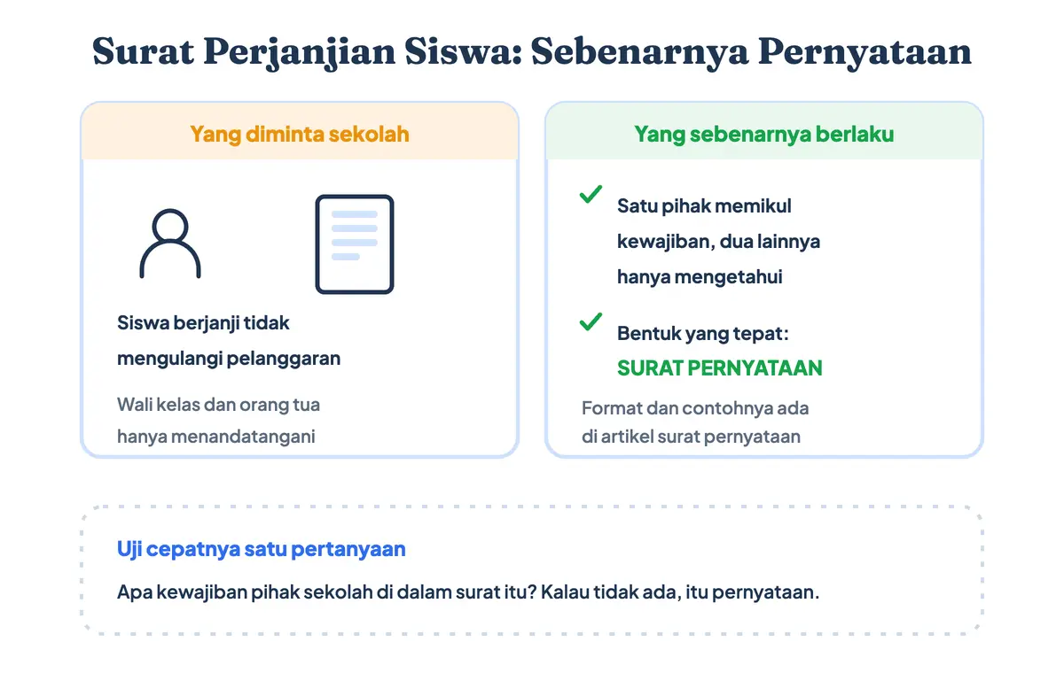 Surat perjanjian siswa bermasalah sebenarnya surat pernyataan: hanya siswa yang memikul kewajiban, sedangkan wali kelas dan orang tua menandatangani sebagai pihak yang mengetahui