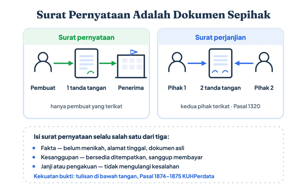 Surat pernyataan adalah dokumen sepihak: satu pembuat menandatangani dan menanggung isi, berbeda dengan surat perjanjian yang ditandatangani dua pihak, sehingga surat pernyataan perjanjian yang diteken satu orang tetap tergolong pernyataan
