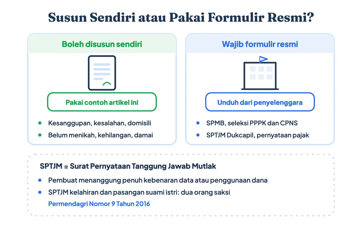 Surat pernyataan pribadi boleh disusun sendiri, sedangkan SPMB, seleksi PPPK, dan surat pernyataan tanggung jawab mutlak (SPTJM) wajib memakai formulir resmi penyelenggara